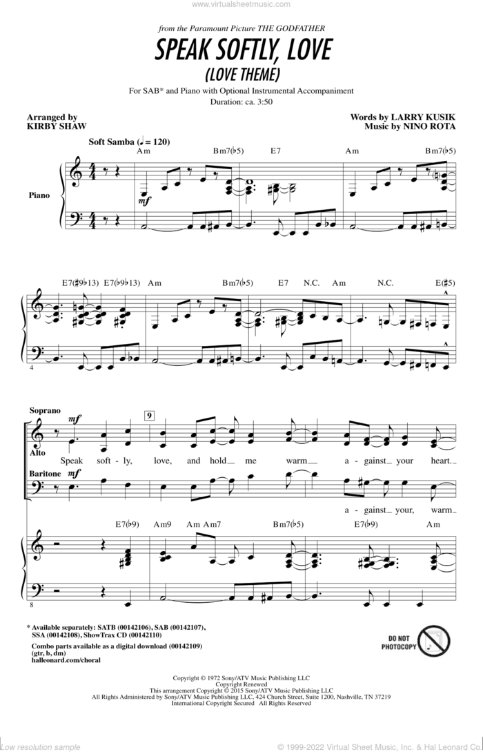 Speak Softly, Love (Love Theme) sheet music for choir (SAB: soprano, alto, bass) by Kirby Shaw, Andy Williams, Larry Kusik and Nino Rota, intermediate skill level