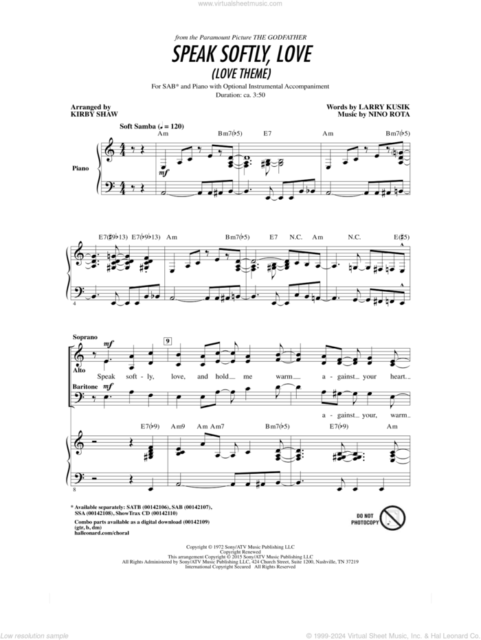 Speak Softly, Love (Love Theme) sheet music for choir (SAB: soprano, alto, bass) by Kirby Shaw, Andy Williams, Larry Kusik and Nino Rota, intermediate skill level