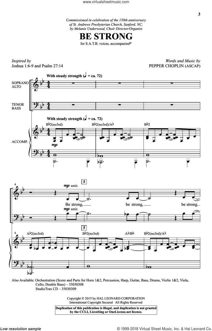 Be Strong sheet music for choir (SATB: soprano, alto, tenor, bass) by Pepper Choplin, intermediate skill level