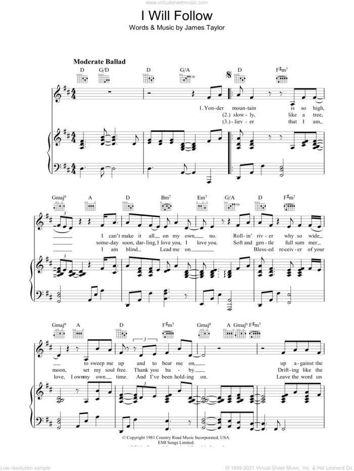 I Will Follow sheet music for voice, piano or guitar by James Taylor, intermediate skill level