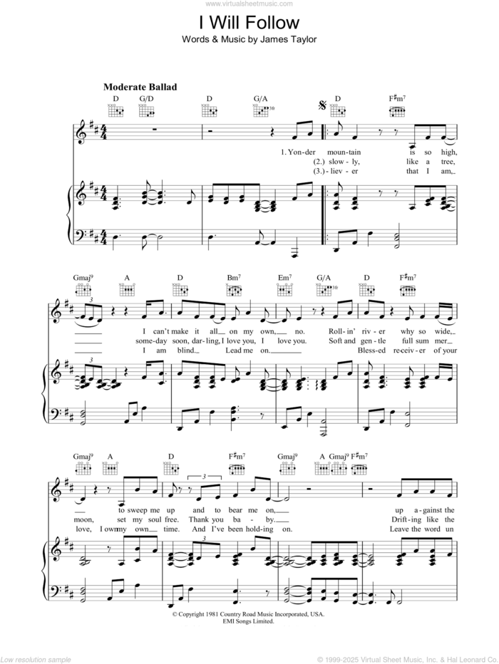 I Will Follow sheet music for voice, piano or guitar by James Taylor, intermediate skill level