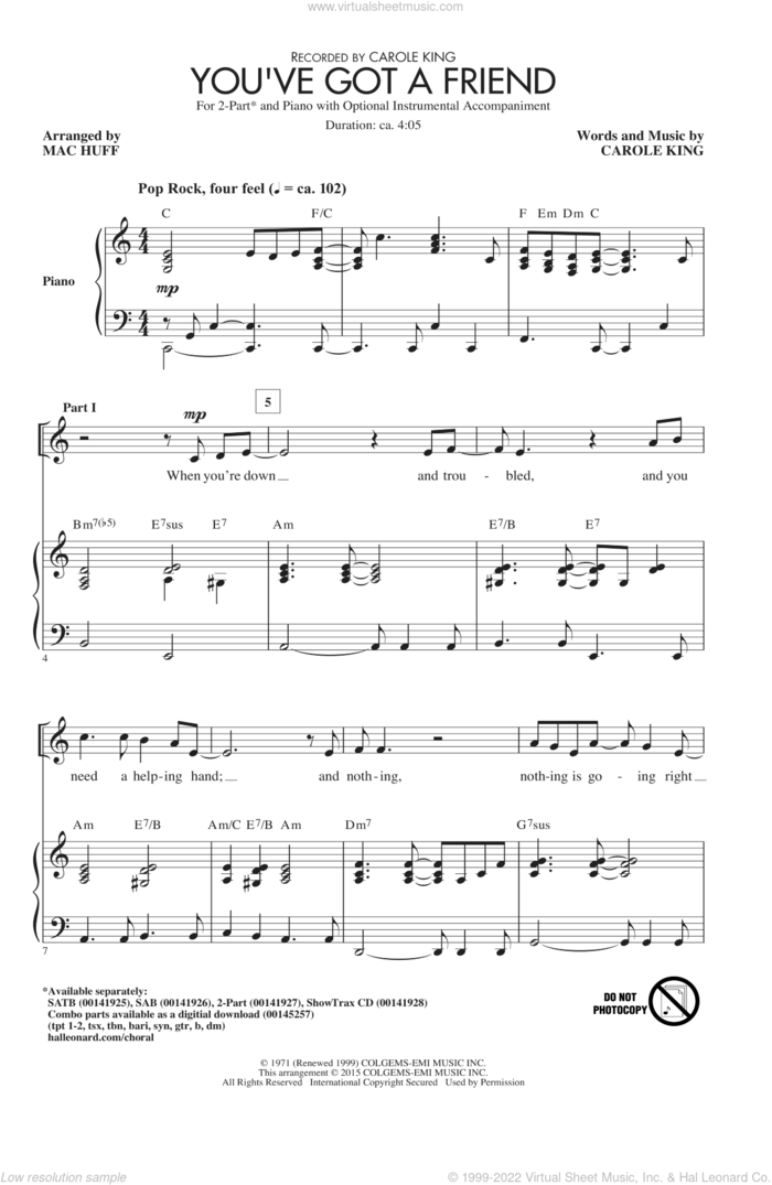 You've Got A Friend (arr. Mac Huff) sheet music for choir (2-Part) by Mac Huff, Carole King and James Taylor, intermediate duet