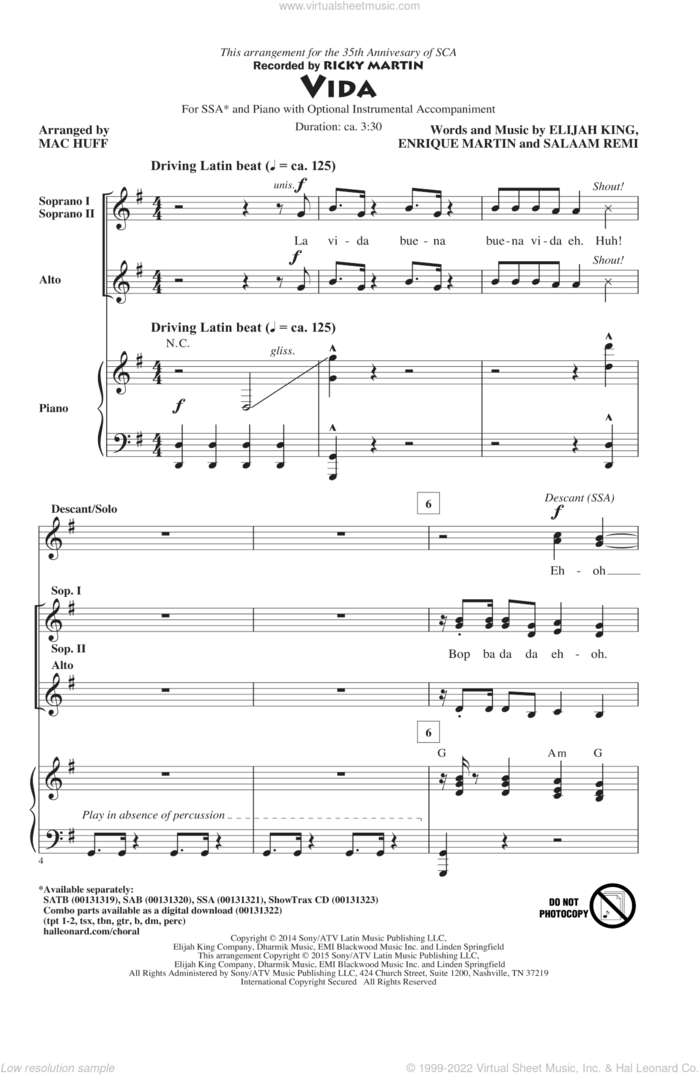 Vida sheet music for choir (SSA: soprano, alto) by Mac Huff, Elijah King, Enrique Martin, Ricky Martin and Salaam Remi, intermediate skill level