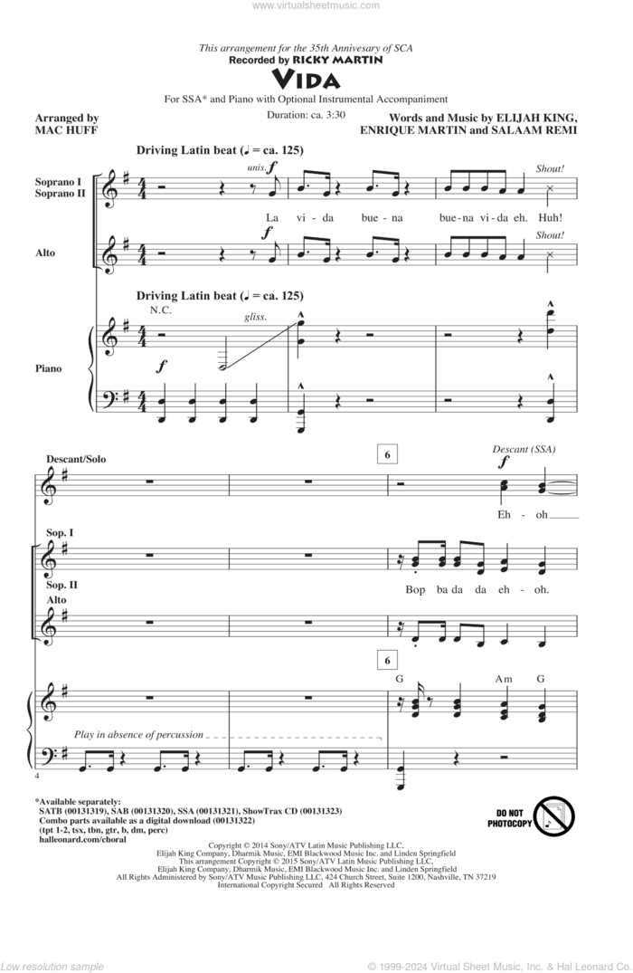 Vida sheet music for choir (SSA: soprano, alto) by Mac Huff, Elijah King, Enrique Martin, Ricky Martin and Salaam Remi, intermediate skill level