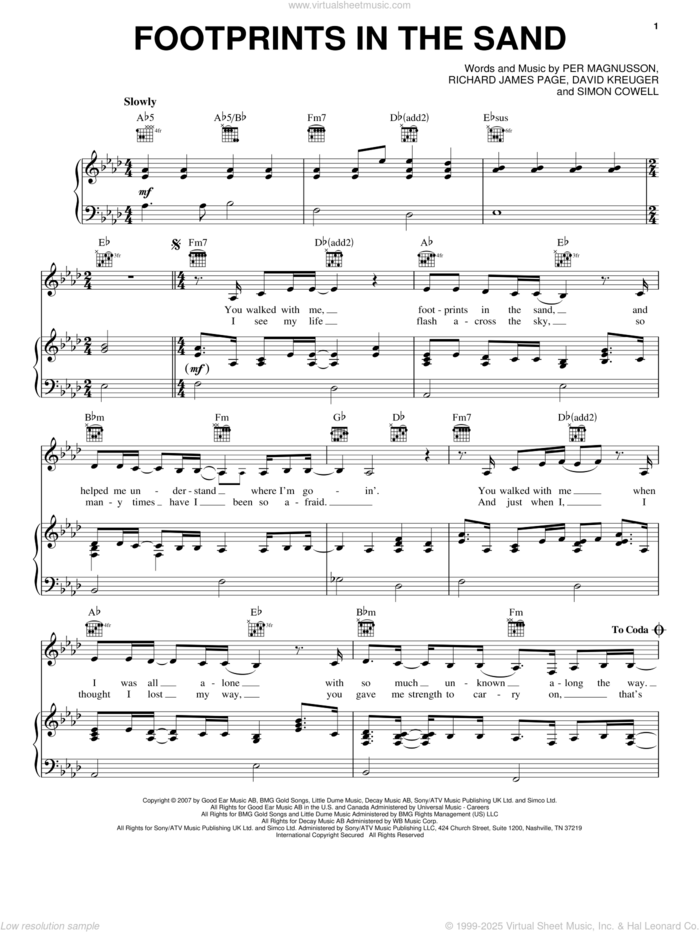 Footprints In The Sand sheet music for voice, piano or guitar by Leona Lewis, David Kreuger, Per Magnusson, Richard James Page and Simon Cowell, intermediate skill level