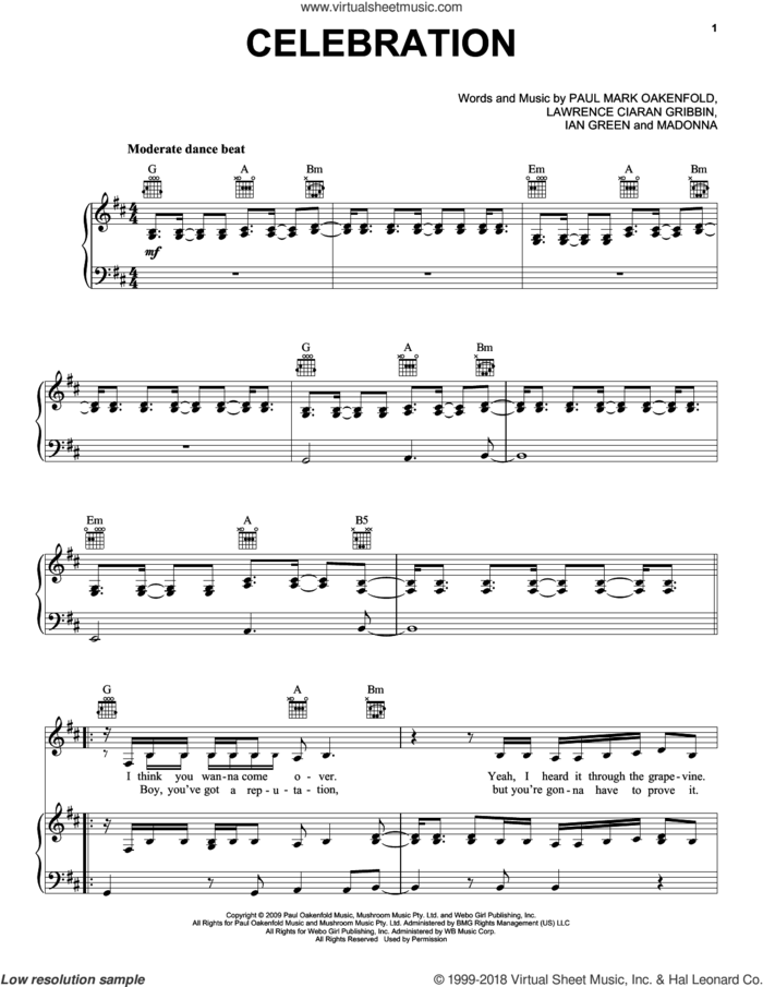 Celebration sheet music for voice, piano or guitar by Madonna, Ian Green, Lawrence Ciaran Gribbin and Paul Mark Oakenfold, intermediate skill level