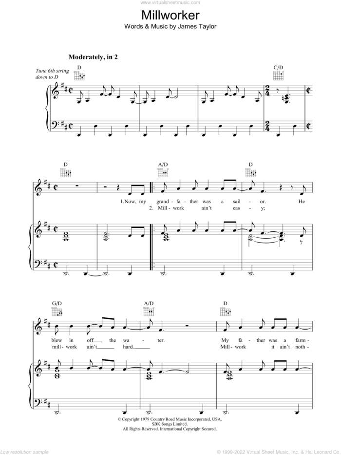 Millworker sheet music for voice, piano or guitar by James Taylor, intermediate skill level