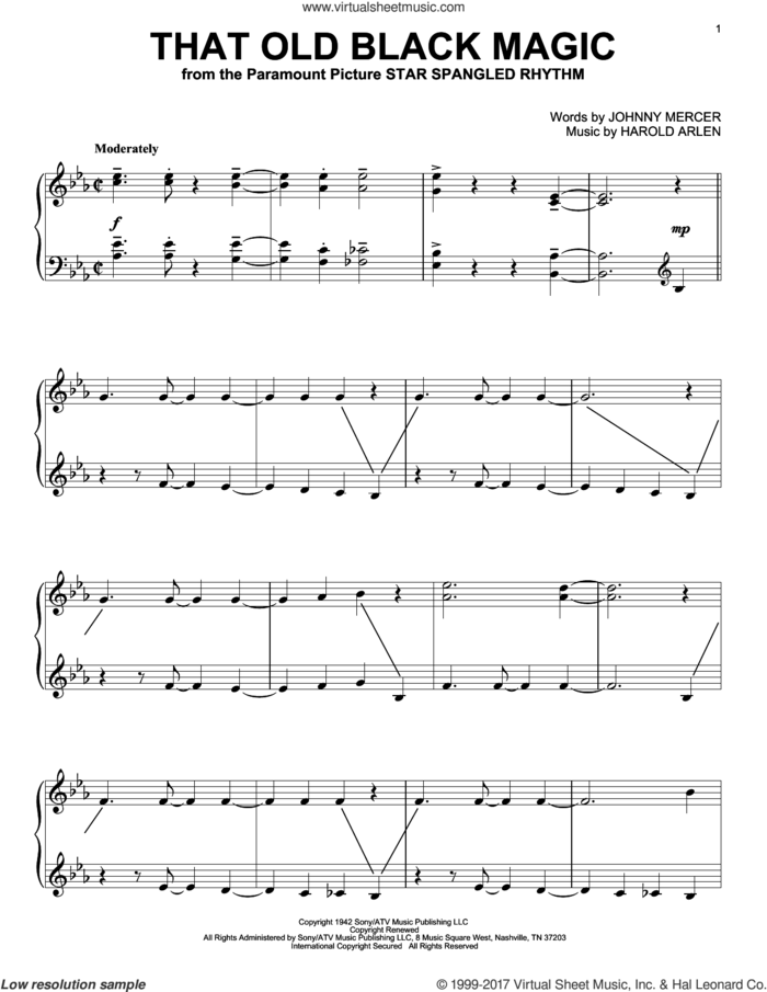 That Old Black Magic sheet music for piano solo by Johnny Mercer and Harold Arlen, intermediate skill level