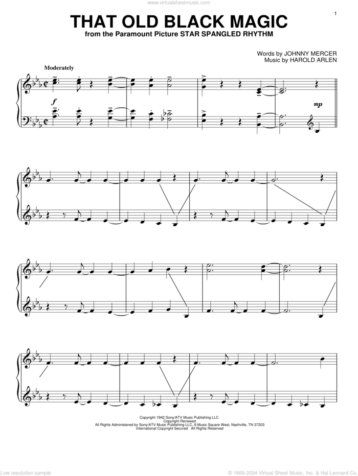 That Old Black Magic sheet music for piano solo by Johnny Mercer and Harold Arlen, intermediate skill level