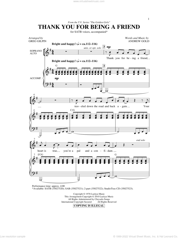 Thank You For Being A Friend (Theme from The Golden Girls) (arr. Greg Gilpin) sheet music for choir (SATB: soprano, alto, tenor, bass) by Andrew Gold and Greg Gilpin, intermediate skill level