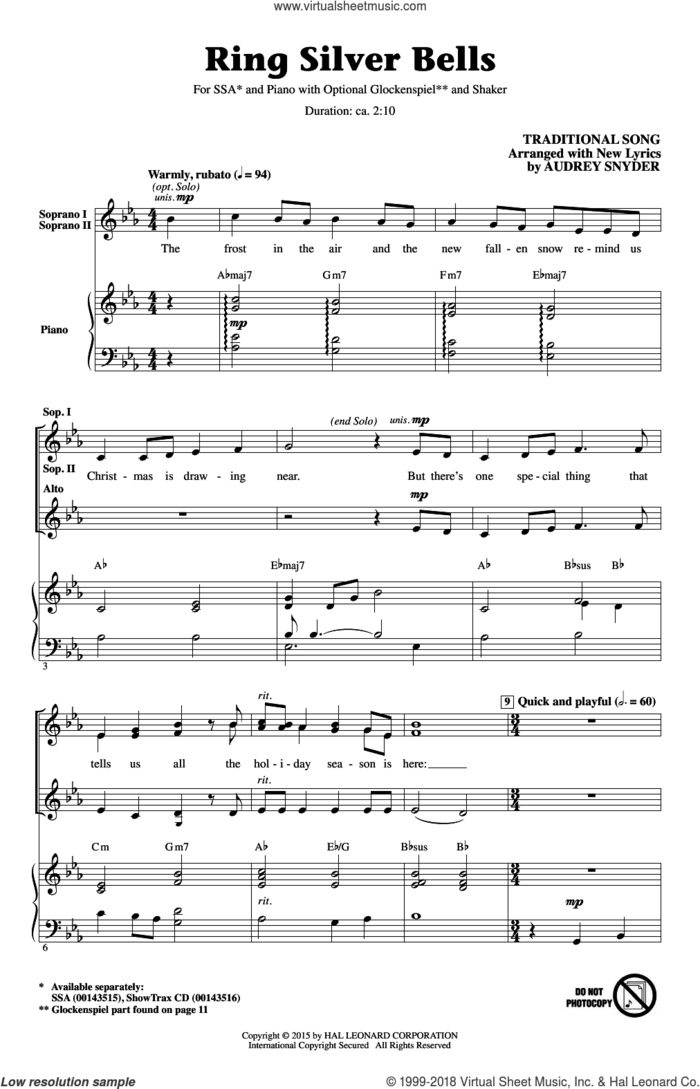 Ring Silver Bells sheet music for choir (SSA: soprano, alto) by Audrey Snyder, intermediate skill level