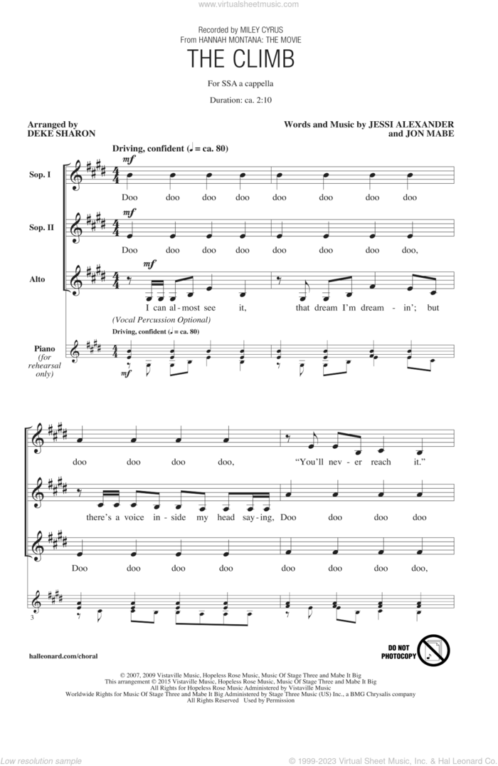 The Climb (from Hannah Montana: The Movie) (arr. Deke Sharon) sheet music for choir (SSA: soprano, alto) by Miley Cyrus, Deke Sharon, Jessi Alexander and Jon Mabe, intermediate skill level