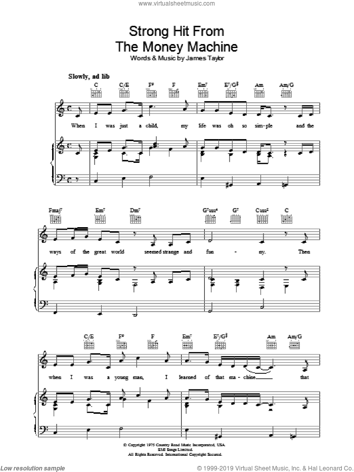 Strong Hit From The Money Machine sheet music for voice, piano or guitar by James Taylor, intermediate skill level