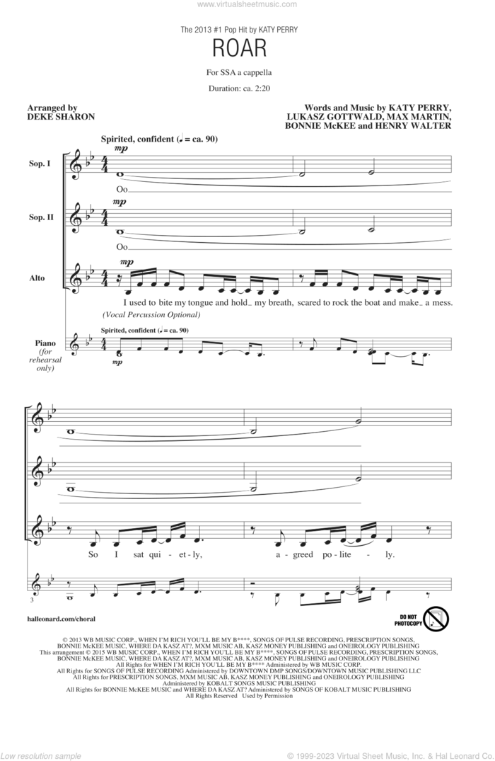 Roar (arr. Deke Sharon) sheet music for choir (SSA: soprano, alto) by Max Martin, Bonnie McKee, Deke Sharon, Henry Walter, Katy Perry and Lukasz Gottwald, intermediate skill level