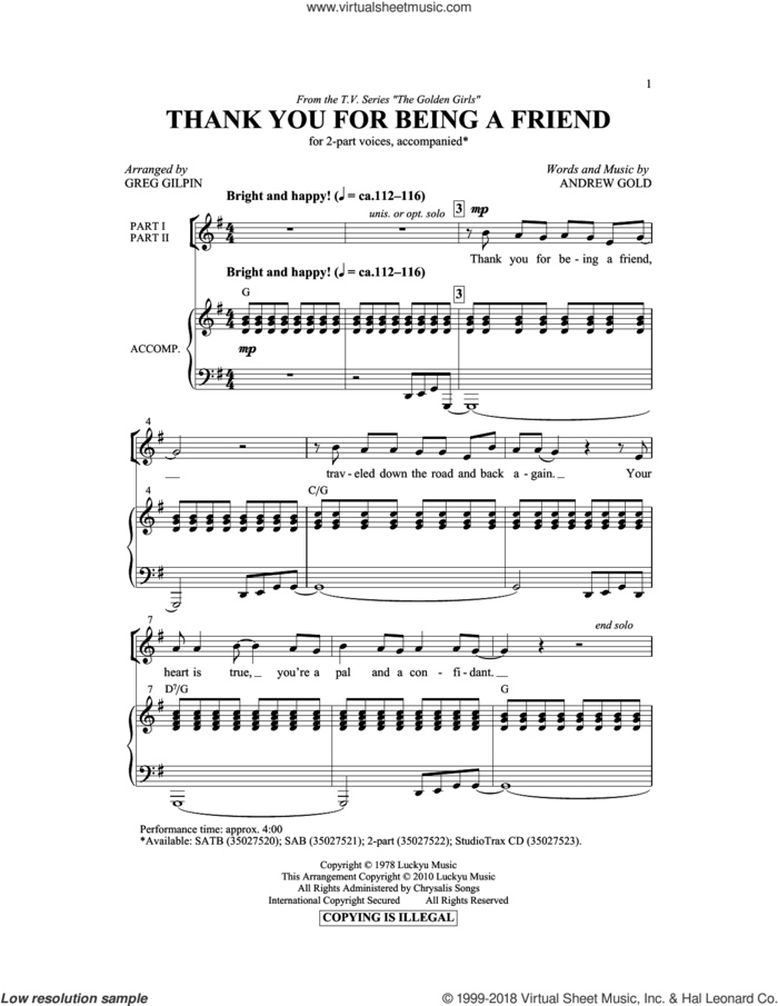 Thank You For Being A Friend (Theme from The Golden Girls) (arr. Greg Gilpin) sheet music for choir (2-Part) by Andrew Gold and Greg Gilpin, intermediate duet