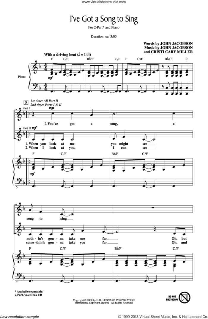 I've Got A Song To Sing sheet music for choir (2-Part) by Cristi Cary Miller and John Jacobson, intermediate duet