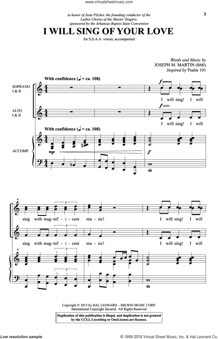 I Will Sing Of Your Love sheet music for choir (SSA: soprano, alto) by Joseph M. Martin, intermediate skill level