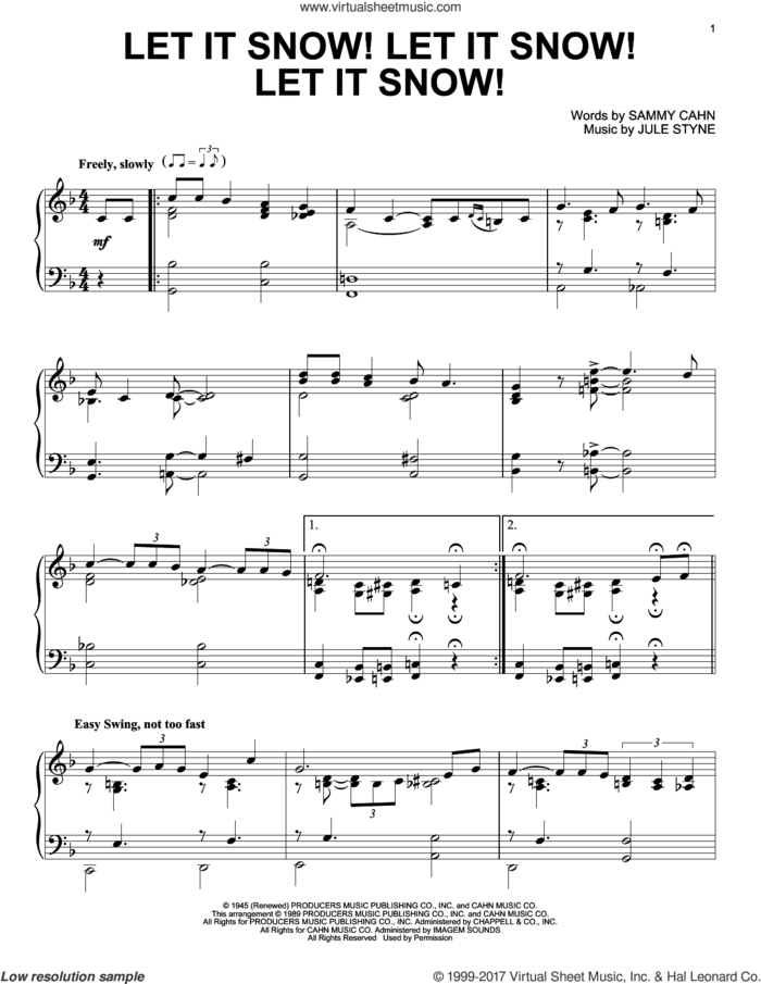 Let It Snow! Let It Snow! Let It Snow!, (intermediate) sheet music for piano solo by Sammy Cahn and Jule Styne, intermediate skill level