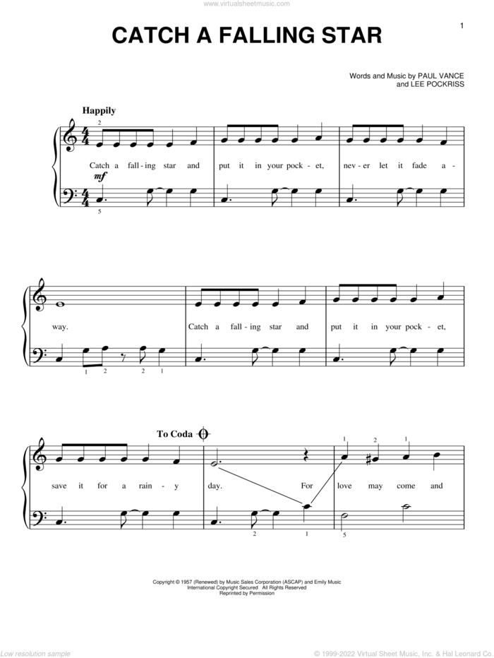 Catch A Falling Star sheet music for piano solo by Perry Como, Lee Pockriss and Paul Vance, beginner skill level