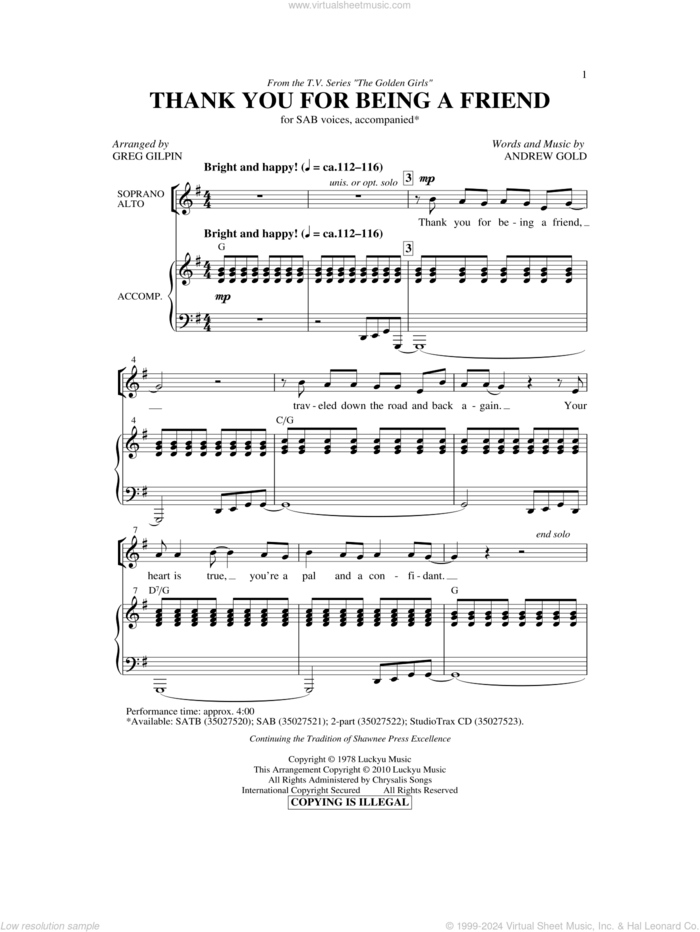 Thank You For Being A Friend (Theme from The Golden Girls) (arr. Greg Gilpin) sheet music for choir (SAB: soprano, alto, bass) by Andrew Gold and Greg Gilpin, intermediate skill level