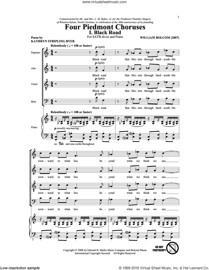 Four Piedmont Choruses sheet music for choir (SATB: soprano, alto, tenor, bass) by William Bolcom and Kathryn Stripling Byer, intermediate skill level