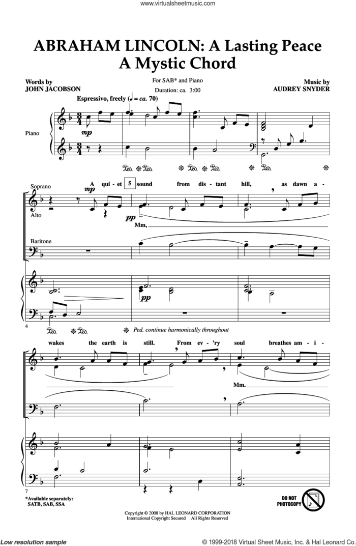 Abraham Lincoln: A Lasting Peace sheet music for choir (SAB: soprano, alto, bass) by Audrey Snyder and John Jacobson, intermediate skill level