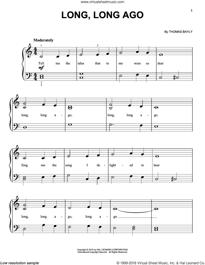 Long, Long Ago, (beginner) sheet music for piano solo by Thomas Bayly, beginner skill level