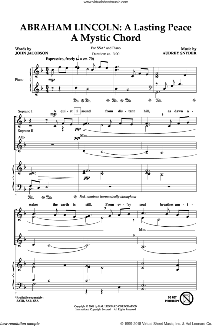 Abraham Lincoln: A Lasting Peace sheet music for choir (SSA: soprano, alto) by Audrey Snyder and John Jacobson, intermediate skill level