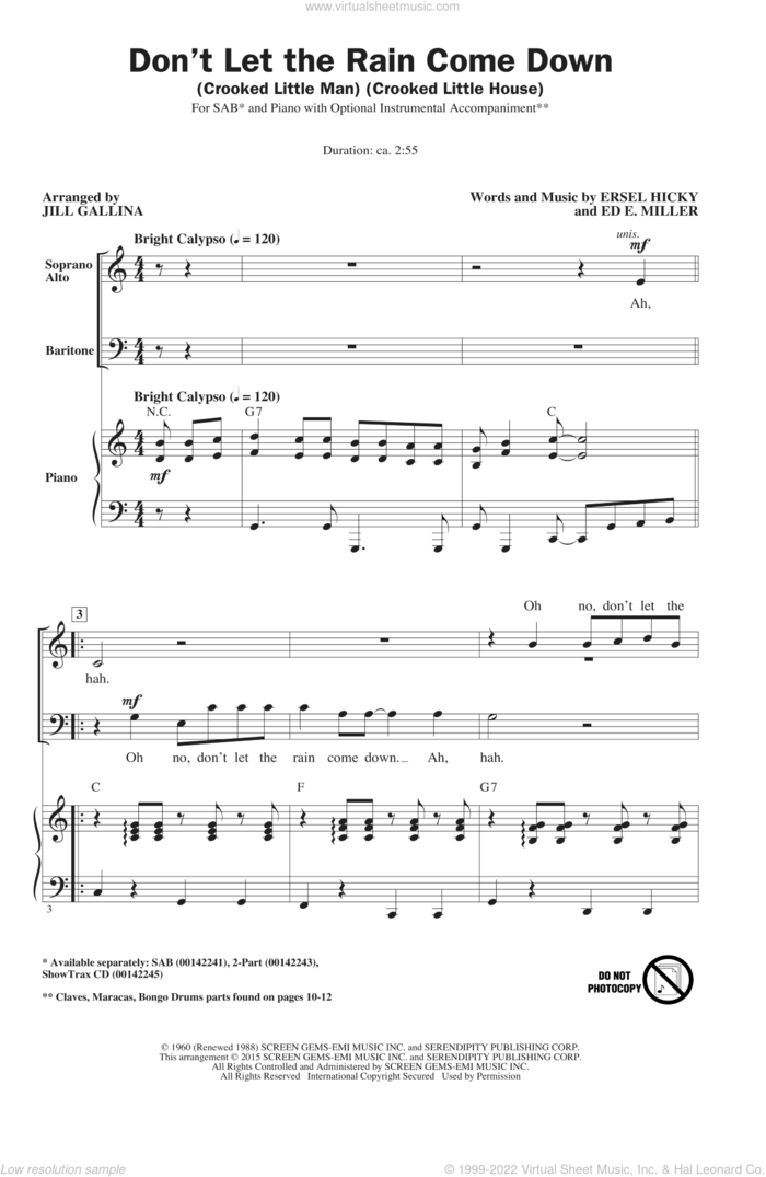 Don't Let The Rain Come Down (Crooked Little Man) (Crooked Little House) sheet music for choir (SAB: soprano, alto, bass) by Jill Gallina, Ed. E. Miller, Ersel Hicky and Serendipity Singers, intermediate skill level
