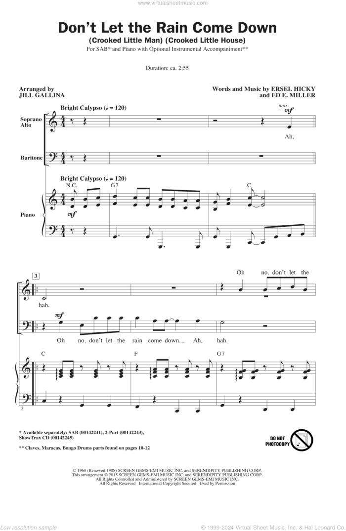 Don't Let The Rain Come Down (Crooked Little Man) (Crooked Little House) sheet music for choir (SAB: soprano, alto, bass) by Jill Gallina, Ed. E. Miller, Ersel Hicky and Serendipity Singers, intermediate skill level