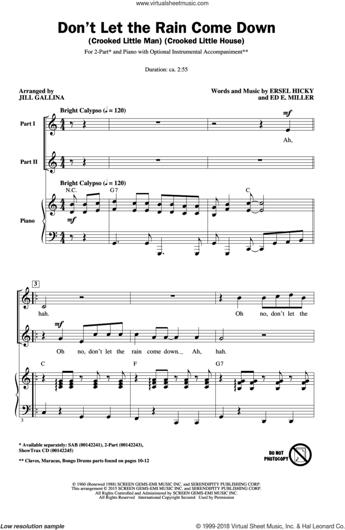 Don't Let The Rain Come Down (Crooked Little Man) (Crooked Little House) sheet music for choir (2-Part) by Jill Gallina, Ed. E. Miller, Ersel Hicky and Serendipity Singers, intermediate duet