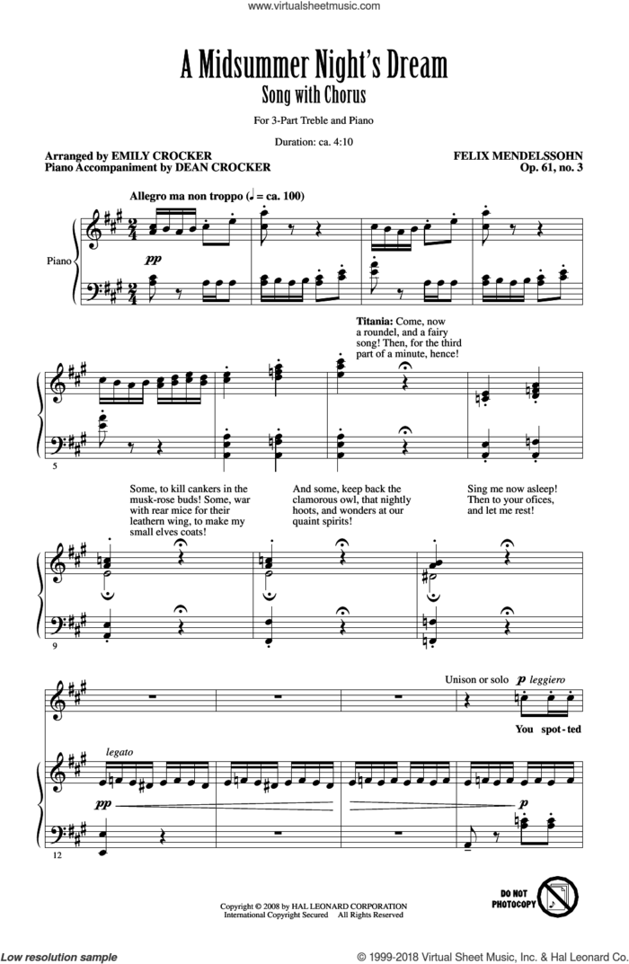 A Midsummer Night's Dream Overture, Excerpt sheet music for choir (3-Part Treble) by Felix Mendelssohn-Bartholdy and Emily Crocker, classical score, intermediate skill level