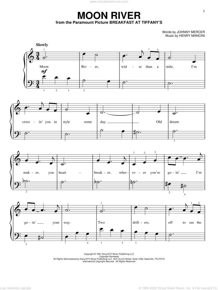 Moon River, (beginner) sheet music for piano solo by Henry Mancini, Andy Williams and Johnny Mercer, wedding score, beginner skill level