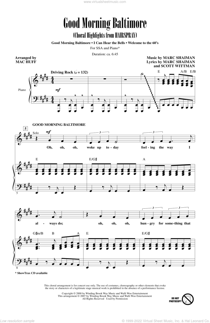 Good Morning Baltimore (Choral Highlights from Hairspray) (arr. Mac Huff) sheet music for choir (SSA: soprano, alto) by Mac Huff, Marc Shaiman and Scott Wittman, intermediate skill level