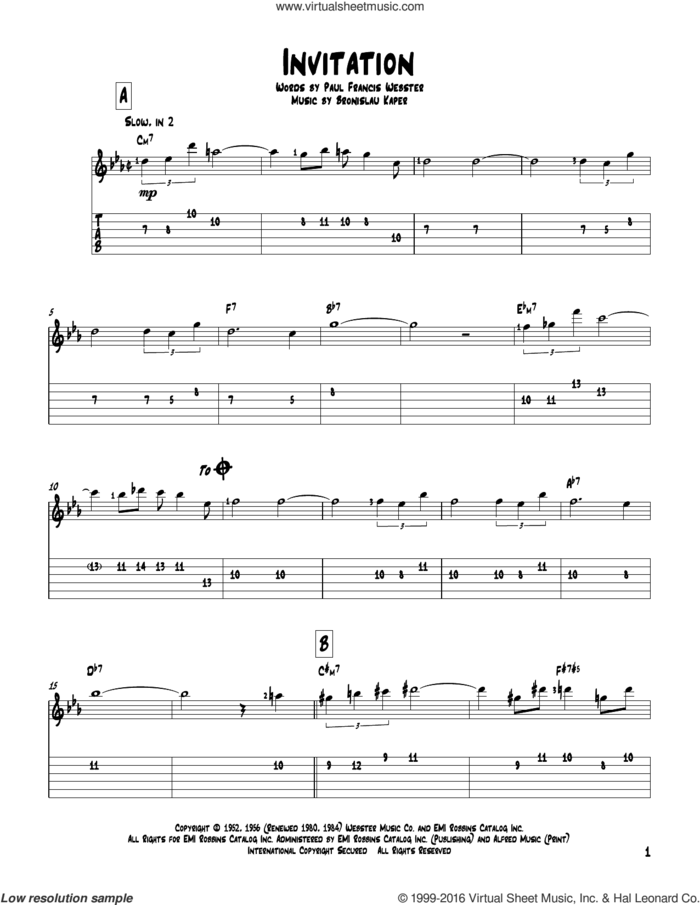 Invitation sheet music for guitar solo by Bronislau Kaper and Paul Francis Webster, intermediate skill level