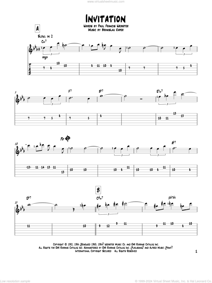 Invitation sheet music for guitar solo by Bronislau Kaper and Paul Francis Webster, intermediate skill level