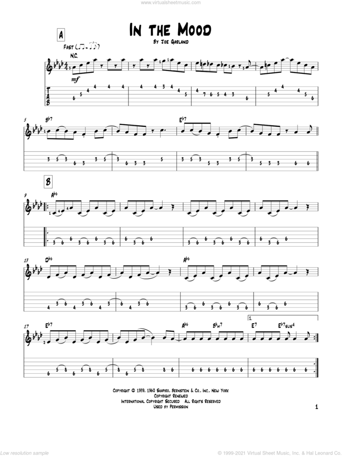 In The Mood sheet music for guitar solo by Glenn Miller & His Orchestra and Joe Garland, intermediate skill level
