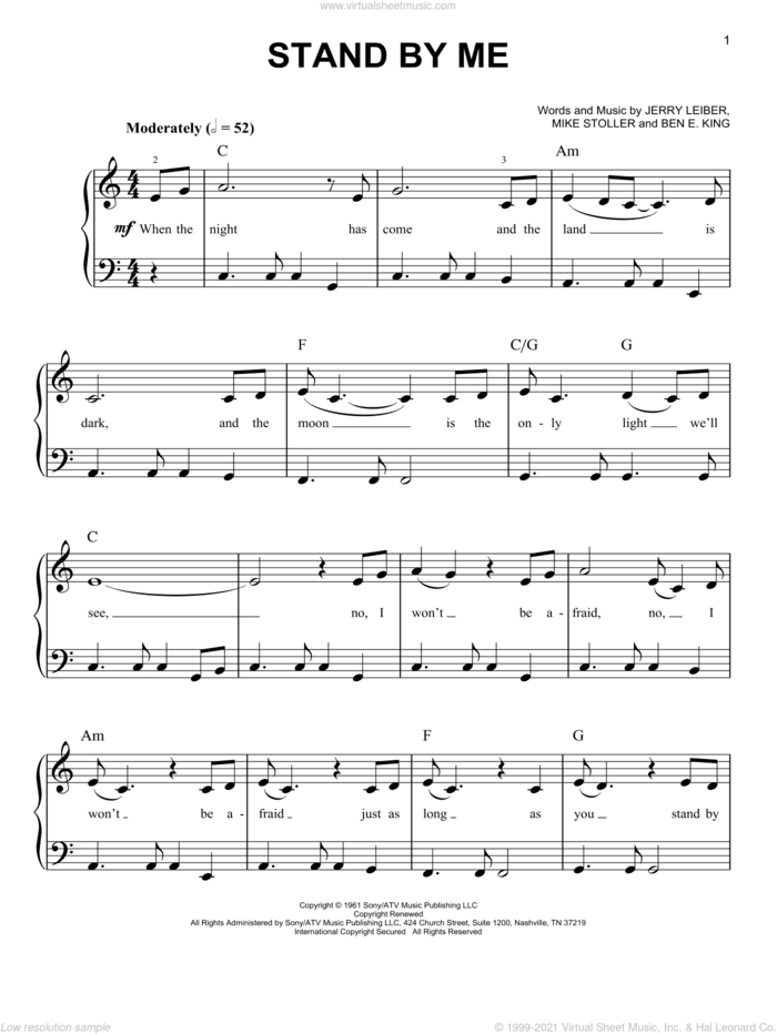 Stand By Me, (beginner) sheet music for piano solo by Ben E. King, Jerry Leiber and Mike Stoller, beginner skill level