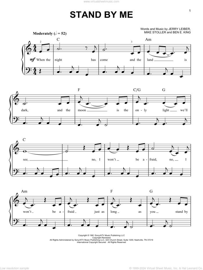 Stand By Me, (beginner) sheet music for piano solo by Ben E. King, Jerry Leiber and Mike Stoller, beginner skill level