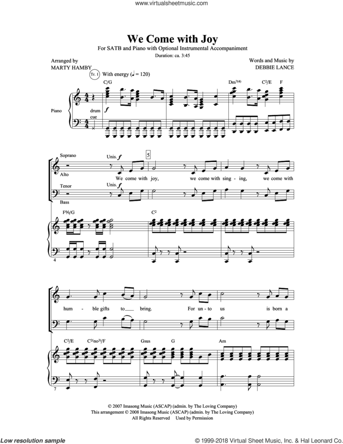 We Come With Joy sheet music for choir (SATB: soprano, alto, tenor, bass) by Marty Hamby and Debbie Lance, intermediate skill level