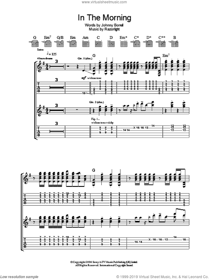 In The Morning sheet music for guitar (tablature) by Razorlight and Johnny Borrell, intermediate skill level