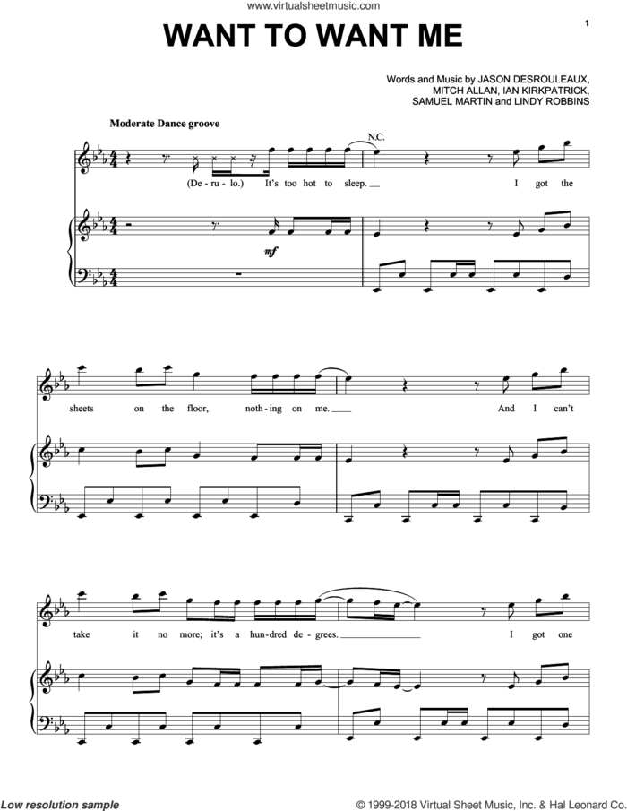 Want To Want Me sheet music for voice, piano or guitar by Jason Derulo, Ian Kirkpatrick, Jason Desrouleaux, Lindy Robbins, Mitch Allan and Samuel Martin, intermediate skill level