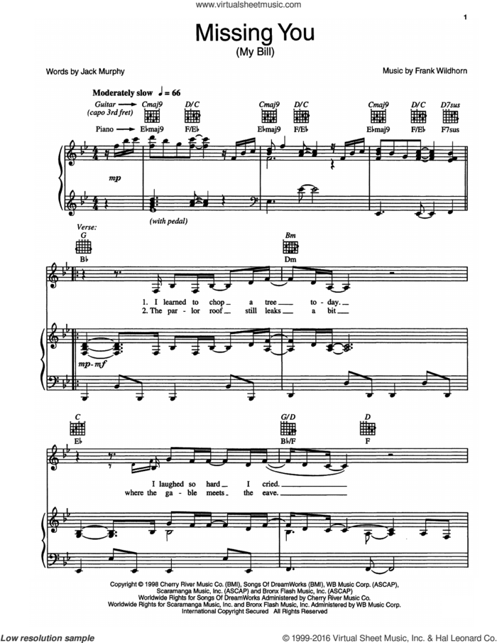 Missing You (My Bill) sheet music for voice, piano or guitar by Frank Wildhorn and Jack Murphy, intermediate skill level
