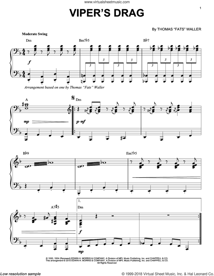Viper's Drag [Stride version] (arr. Brent Edstrom) sheet music for piano solo by Fats Waller, intermediate skill level