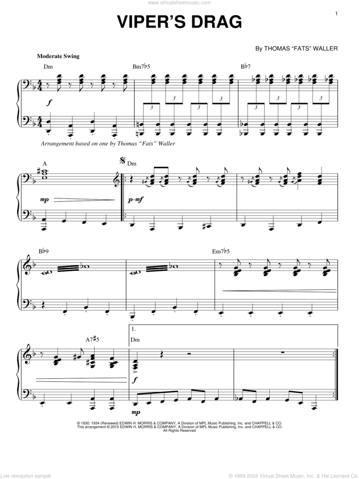 Viper's Drag [Stride version] (arr. Brent Edstrom) sheet music for piano solo by Fats Waller, intermediate skill level