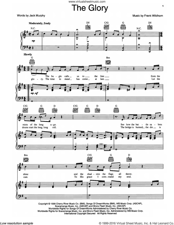 The Glory sheet music for voice, piano or guitar by Frank Wildhorn and Jack Murphy, intermediate skill level