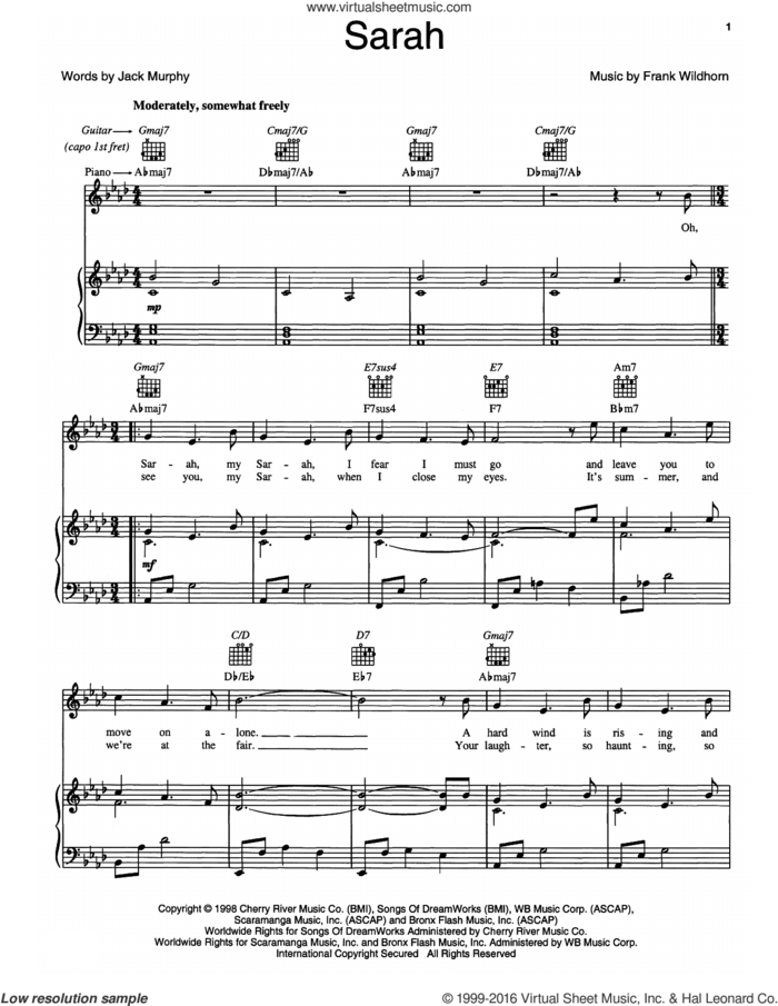 Sarah sheet music for voice, piano or guitar by Frank Wildhorn and Jack Murphy, intermediate skill level