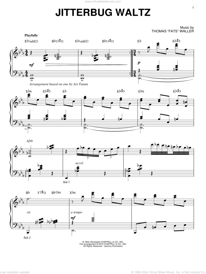 Jitterbug Waltz [Stride version] (arr. Brent Edstrom) sheet music for piano solo by Fats Waller and Thomas Waller, intermediate skill level