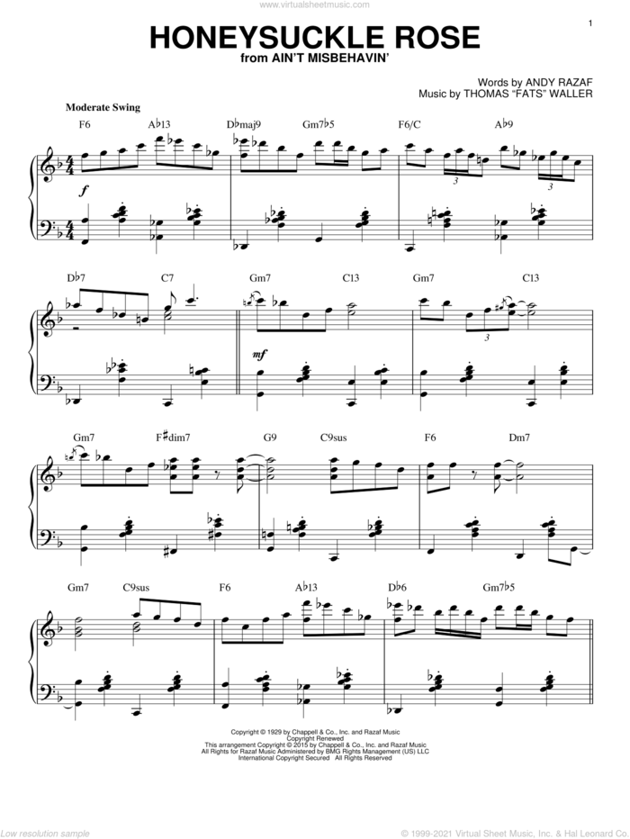 Honeysuckle Rose [Stride version] (arr. Brent Edstrom) sheet music for piano solo by Django Reinhardt, Andy Razaf and Thomas Waller, intermediate skill level