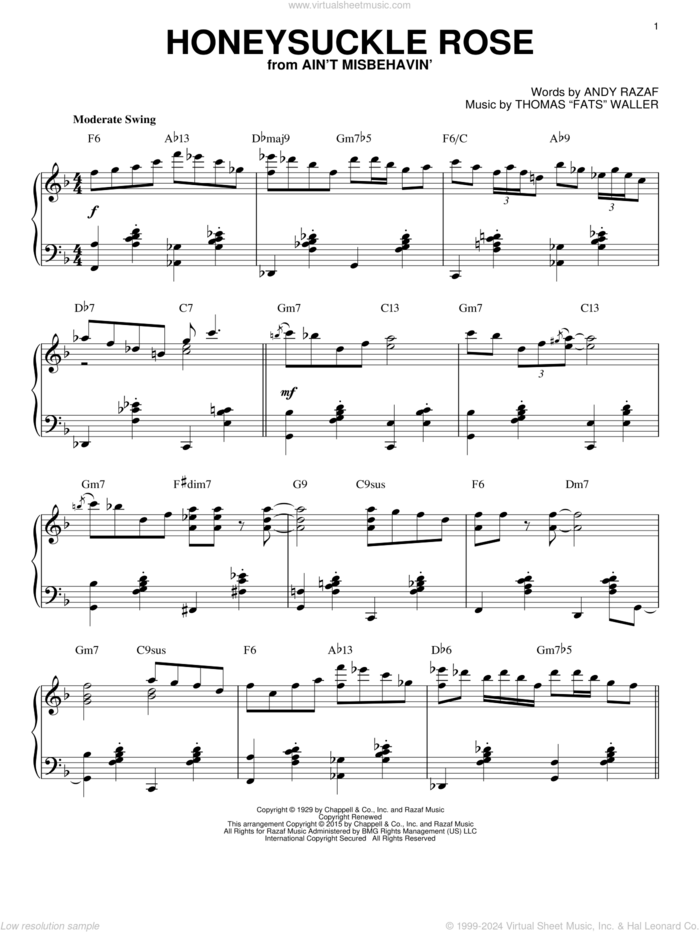 Honeysuckle Rose [Stride version] (arr. Brent Edstrom) sheet music for piano solo by Django Reinhardt, Andy Razaf and Thomas Waller, intermediate skill level